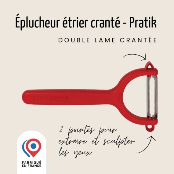 éplucheur-à-étrier-cranté-double-lame-manche-rouge-2-pointes